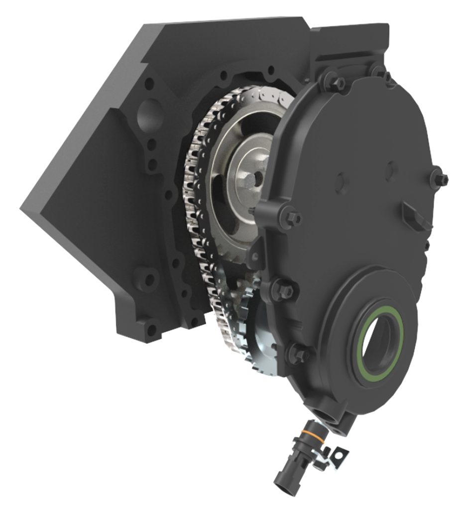 CAD Drawing of an LS engine timing cover with sensor