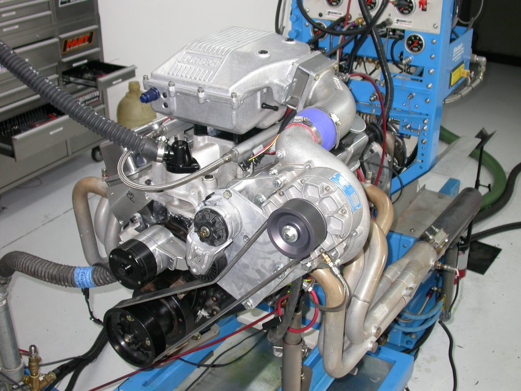 centrifugal supercharger installed on a small bock chevy v8