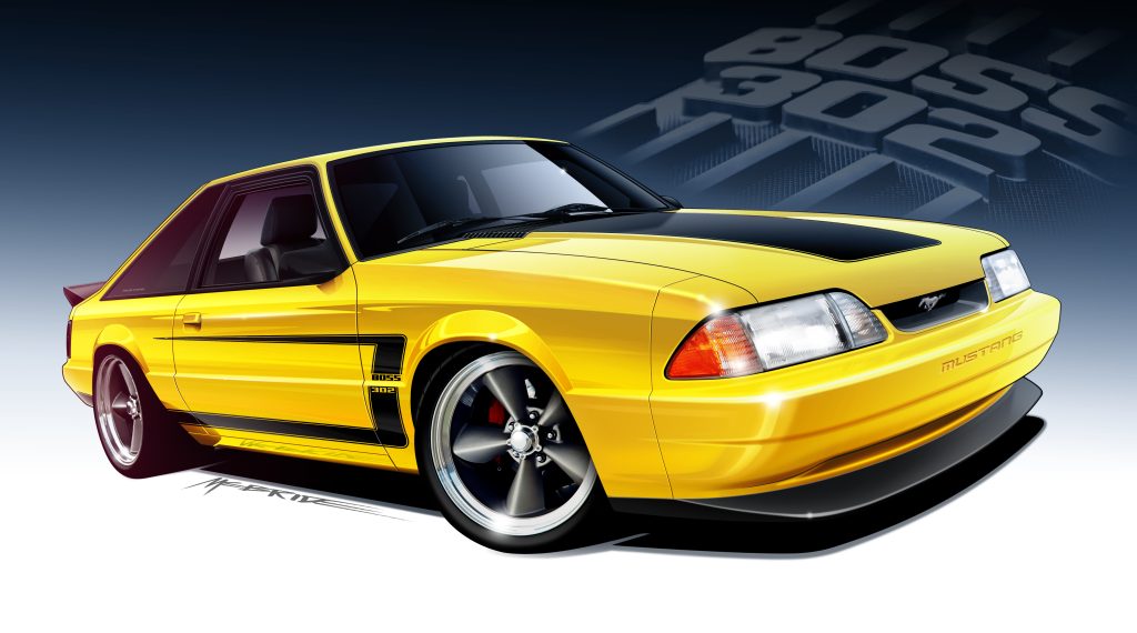 Illustration of a custom yellow foxbody Mustang