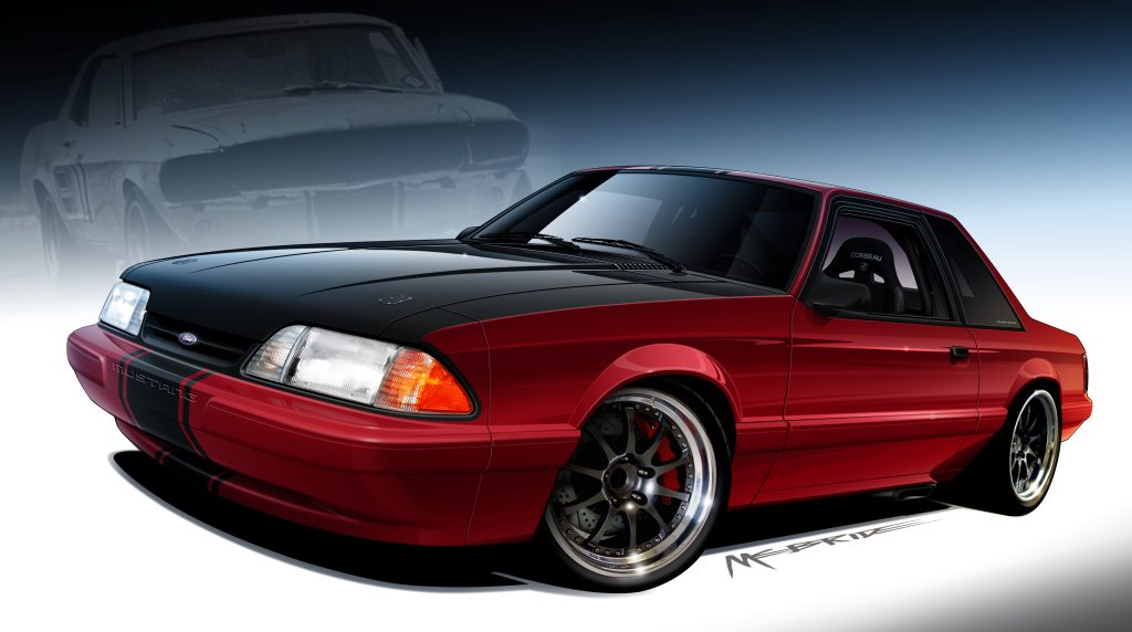 Illustration of a custom red foxbody Mustang