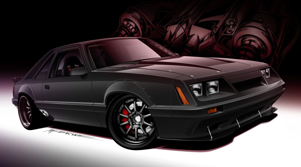 Illustration of a custom black foxbody Mustang