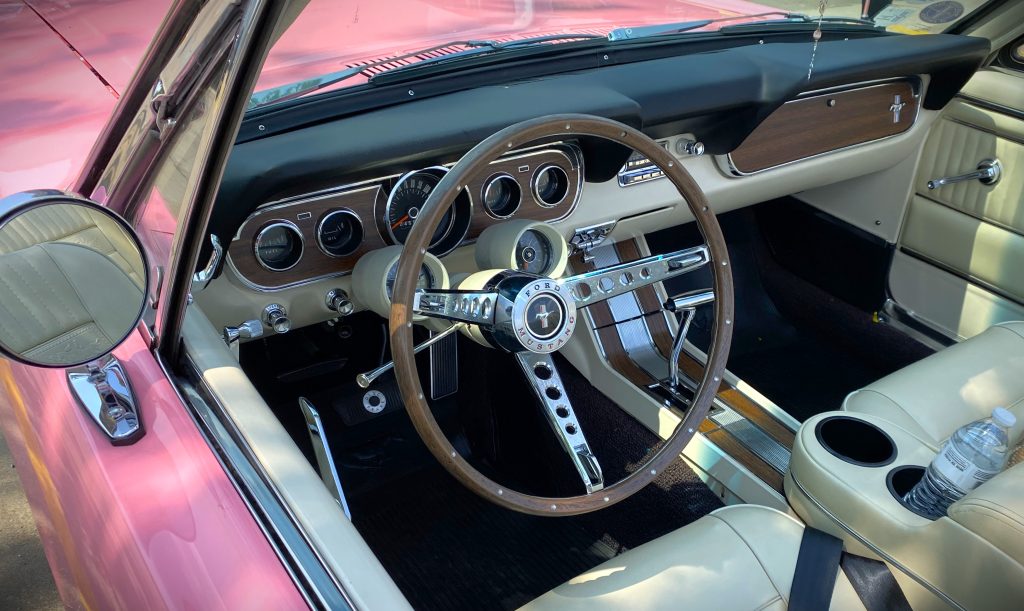 Interior of a Playmate Pink 1966 Ford Mustang Convertible
