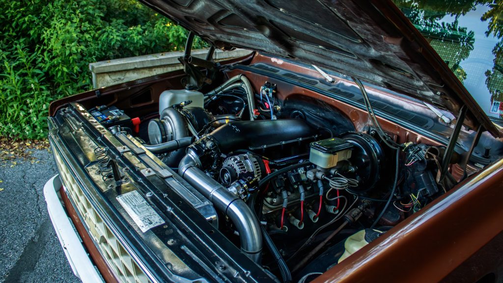 ls engine in the bay of a vintage chevy Squarebody truck