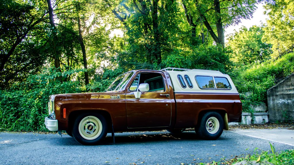 vintage chevy truck on a small wooded road, side view