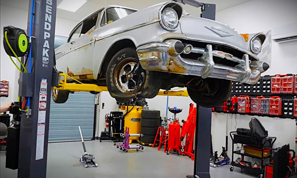 1957 Chevy project car on a 2 post lift