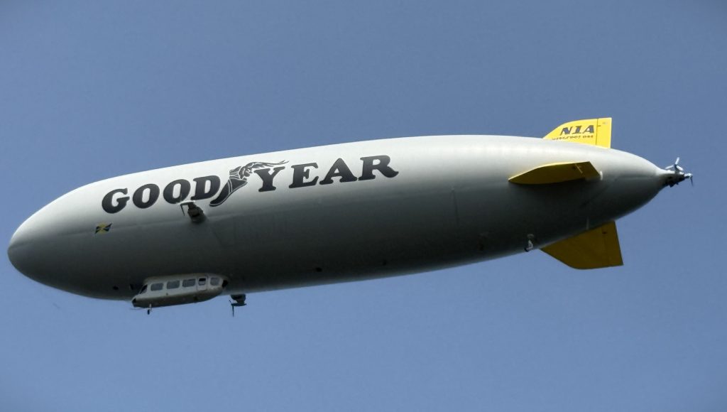 Goodyear blimp in vintage throwback livery