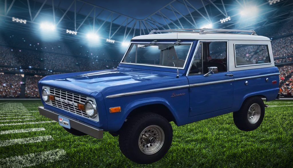 Vintage Ford Bronco on a Football Field