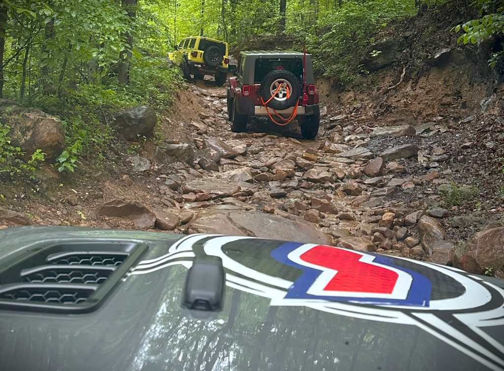 view down jeep trail from inside a gladiator truck