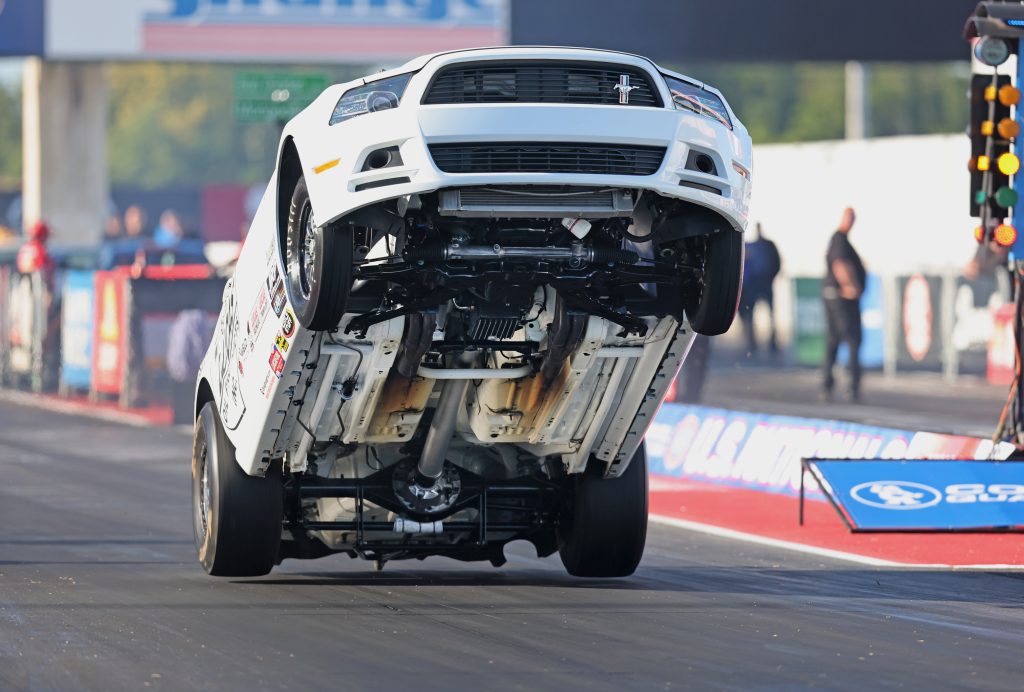 late model mustang drag car doing wheelstand