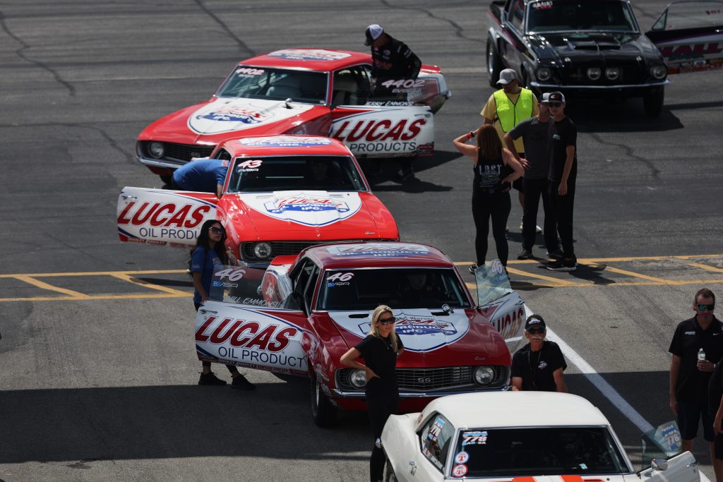 line of lucas oil camaros in staging lanes