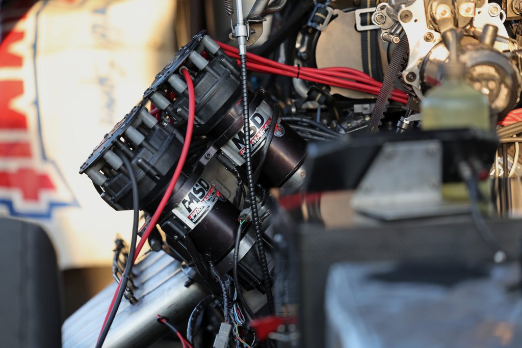 a pair of msd distributors on a drag race engine