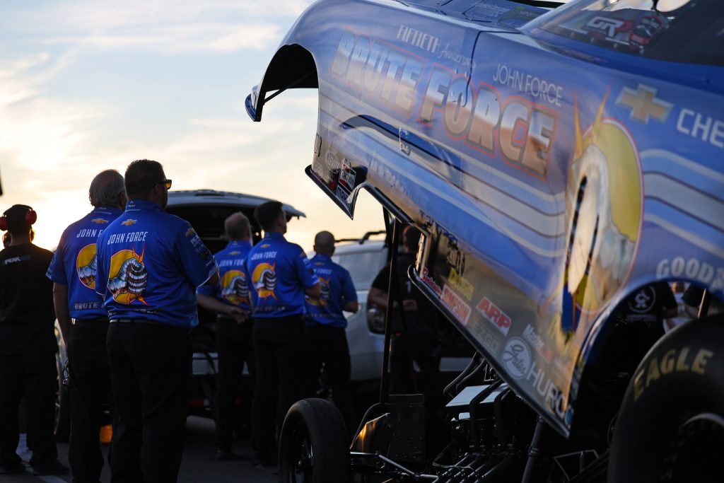 John Force Funny Car Team with throwback livery