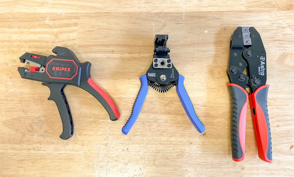 Knipex Automatic Wire Strippers, Klein Tools Katapult Wire Strippers, and the Astro Pneumatic Ratcheting Crimping Tool