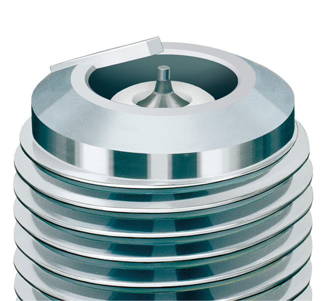 close up of a recessed spark plug electrode tip