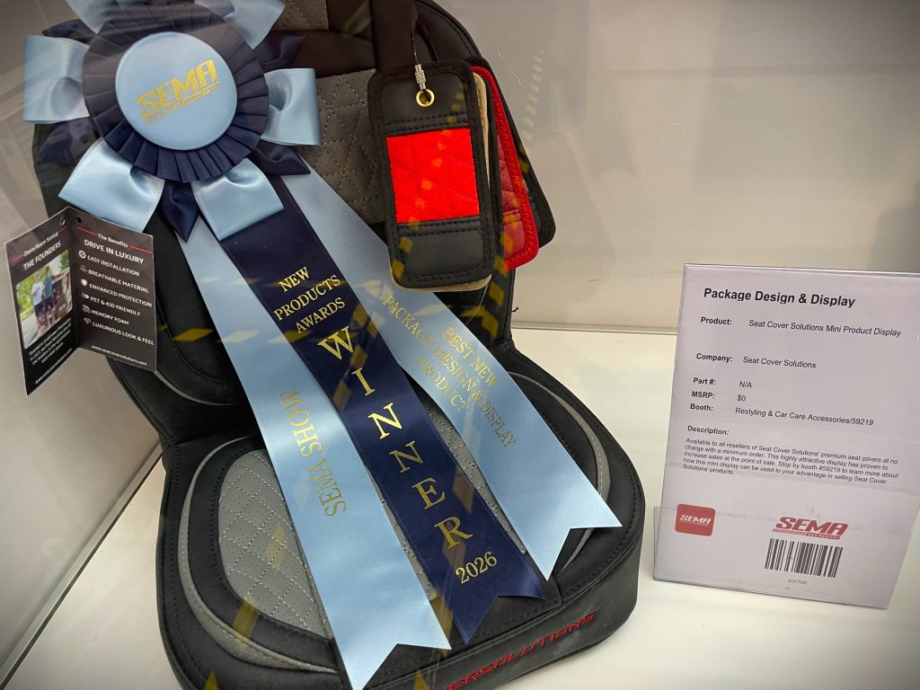 Seat Cover Display with award ribbon