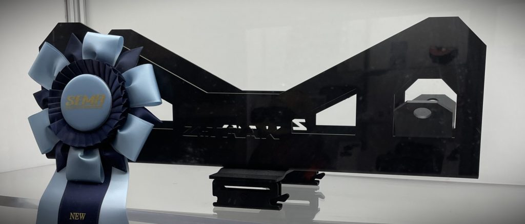 motorcycle wheel chock on Display with Award Ribbon