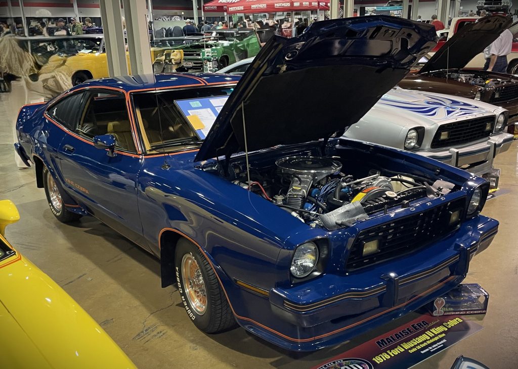 Blue Ford Mustang II King Cobra