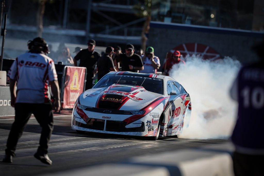 Dallas Glenn Pro Stock Camaro doing a burnout