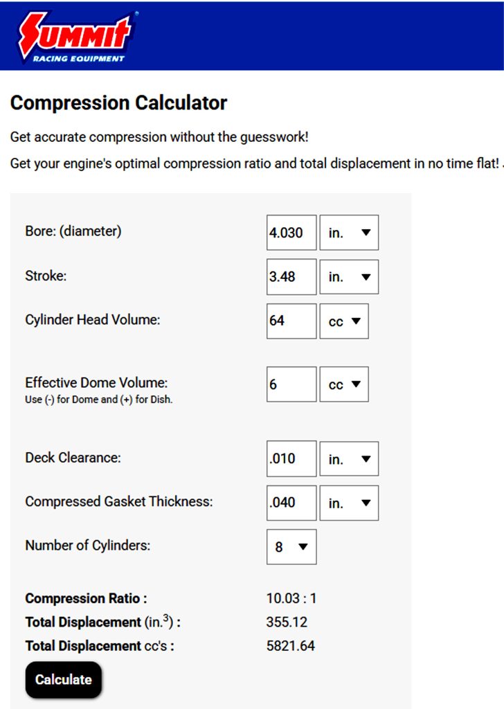 Summit Racing engine compression ratio calculator