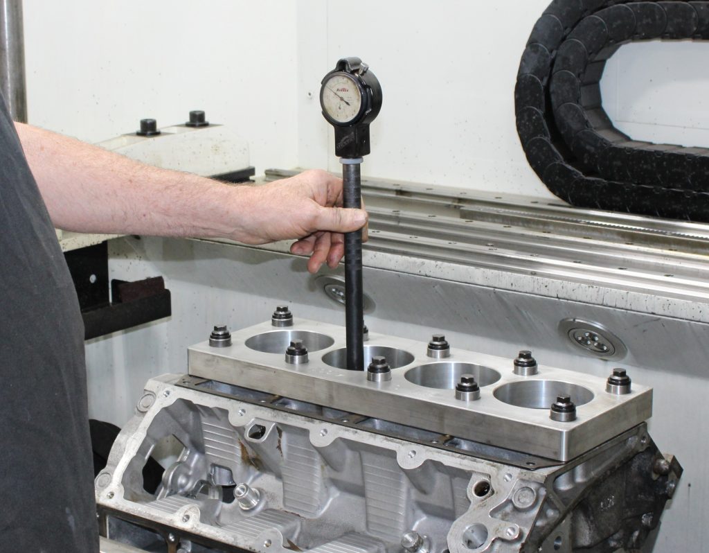 Checking GM LS1 cylinder bores with dial bore gauge