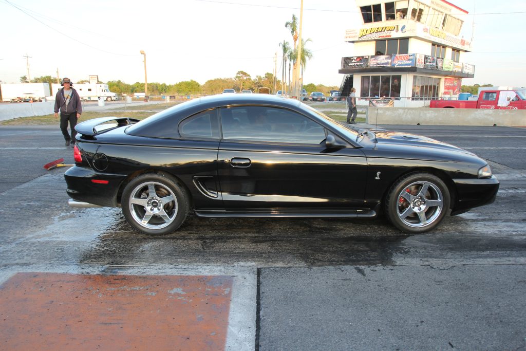 ford sn95 mustang cobra staging at dragstrip
