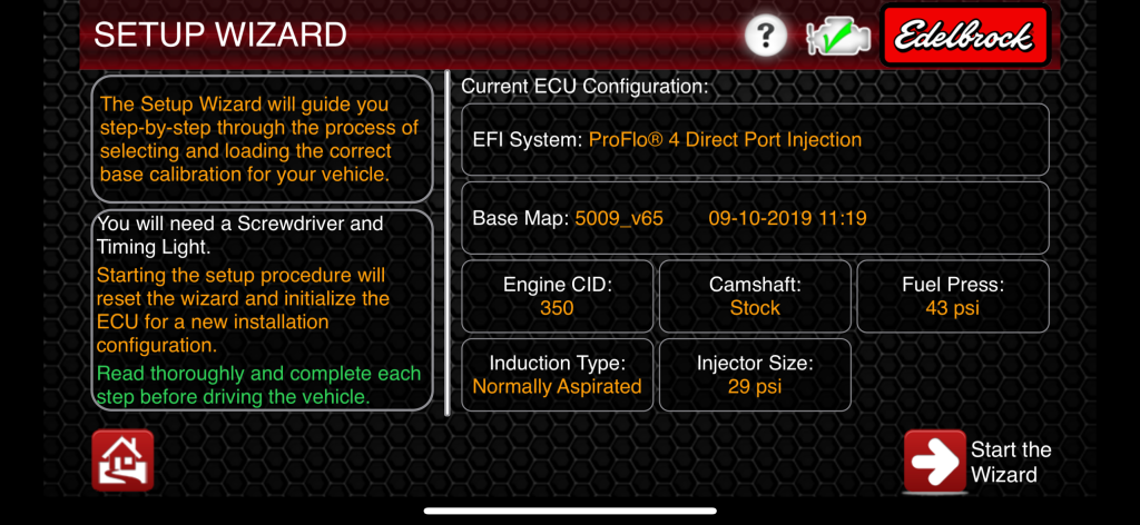 Edelbrock E-Tuner Setup Wizard Screenshot