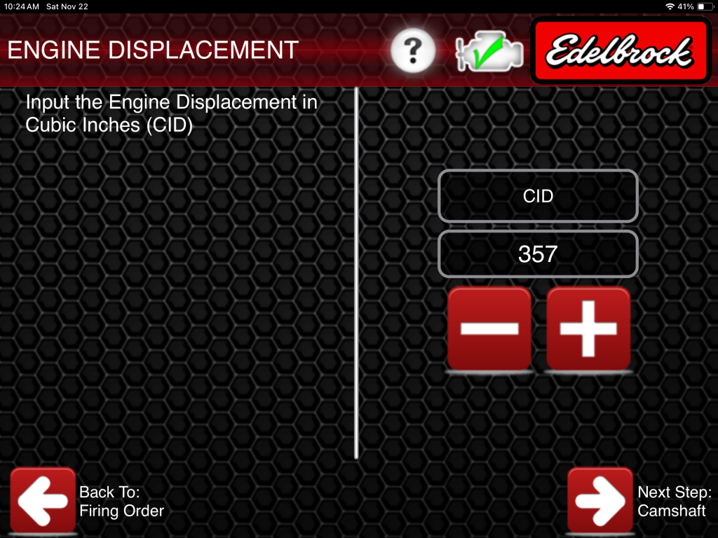 Edelbrock E-Tuner engine displacement Screenshot